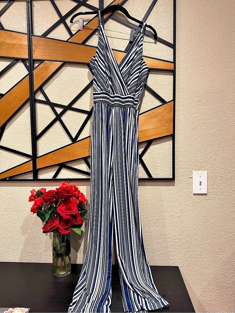Kaleigh Striped Wide Leg Jumpsuit in Blue & White Size Small Like
